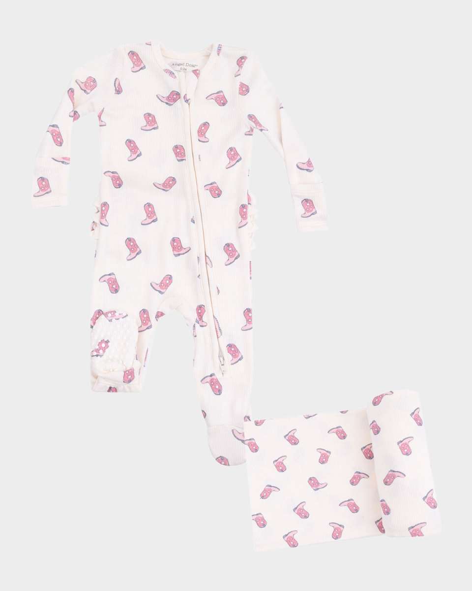 Girl's Petite Cowgirl Boots 2-Way Zip Footie Romper & Blanket Set, Size Newborn-9